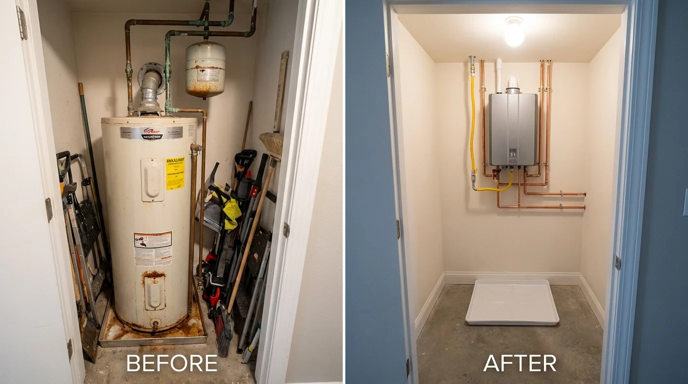 Tank water heater versus wall-mounted tankless unit comparison for Sanford, NC homeowners