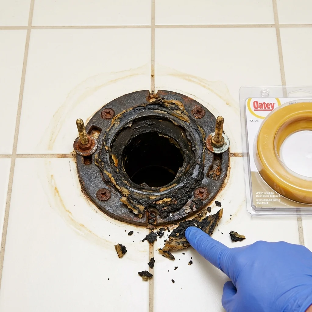 Failed wax ring showing water seepage at the base of a toilet in a Sanford, NC home