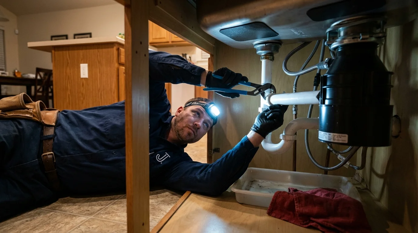 P-trap and supply line connections under a kitchen sink showing a common leak point in Sanford, NC